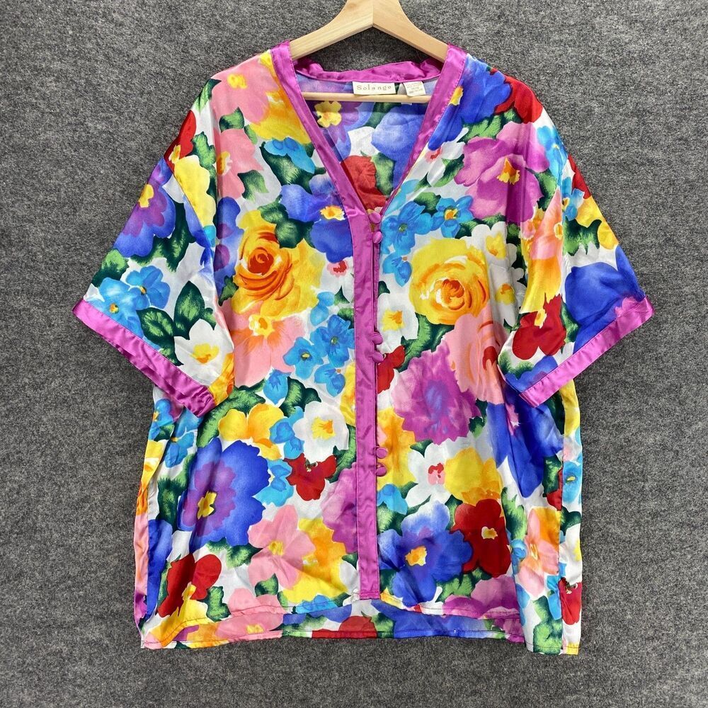 Solange Pajama Top Women 14/16 Pink Floral Short Sleeve Button Up